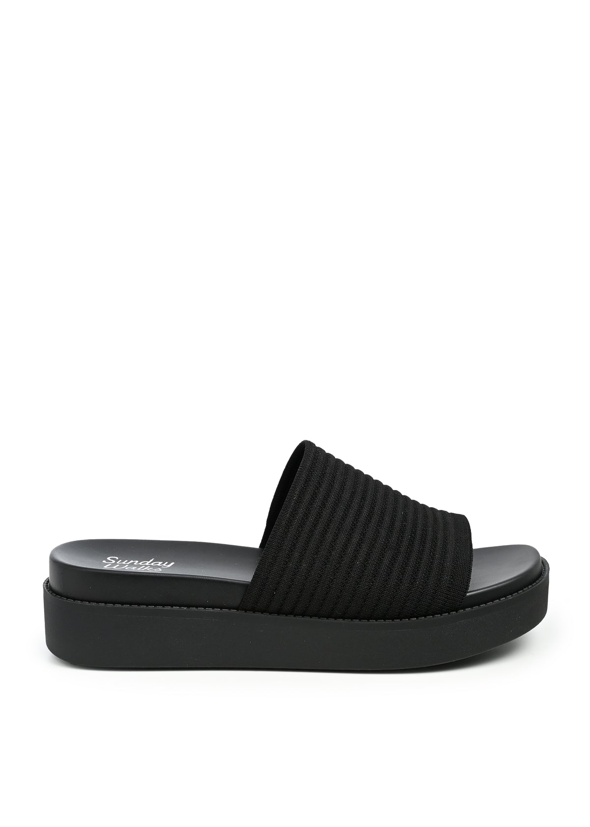 Aliza Ribbed Platform Slide Sandal in Black Knit